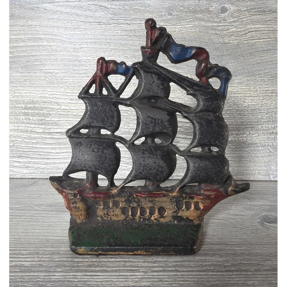 Vintage Nautical Sailing Clipper Ship Sail Boat Painted Metal Library 5.75" Tall